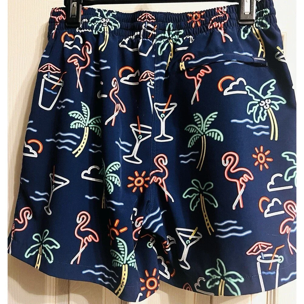 🌴 Chubbies Mens L 5.5” Swim Trunks Neon Flamingo Palm Tree Navy Lined Shorts